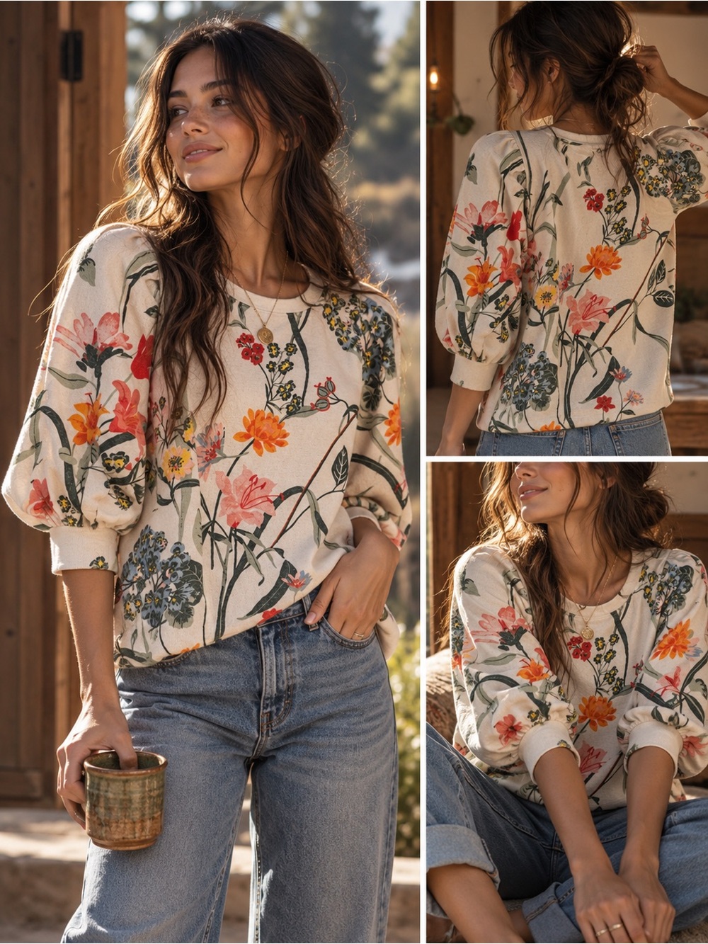 LOFT Floral Botanical Puff-Sleeve Sweater